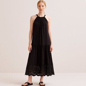 ME+EM Black Cheesecloth Lace Trim Maxi Sundress Size US 2 Halter Pockets NWT